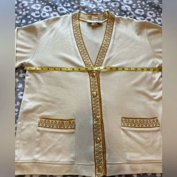 VTG 90s Cathy Daniel’s Ivory & Gold Trim Cardigan/Size Large - Picture 13 of 14